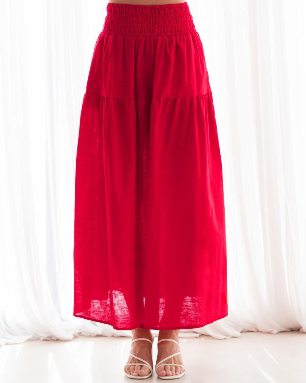 Long Red skirt with side pockets and Shirred Top with adjustable straps Set