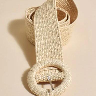 Cream Stretch Weave Belt with Covered Buckle