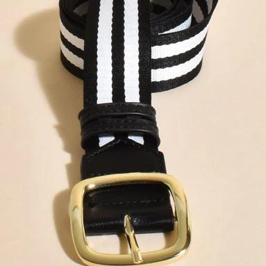 Black and White Stripe Belt with Gold Square Buckle - Jade Webbing