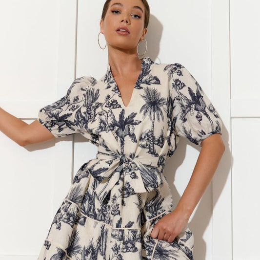 Navy Linen Toile  Dress