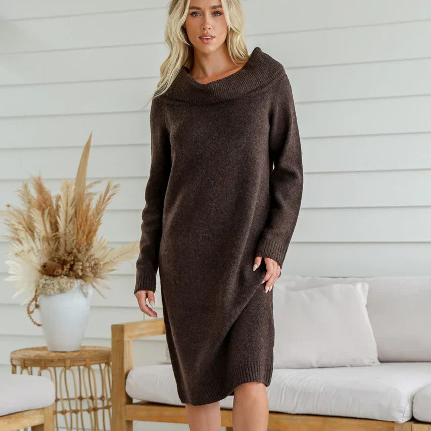 Wool Blend Off Shoulder or Cowl Neck Dress in Coffee